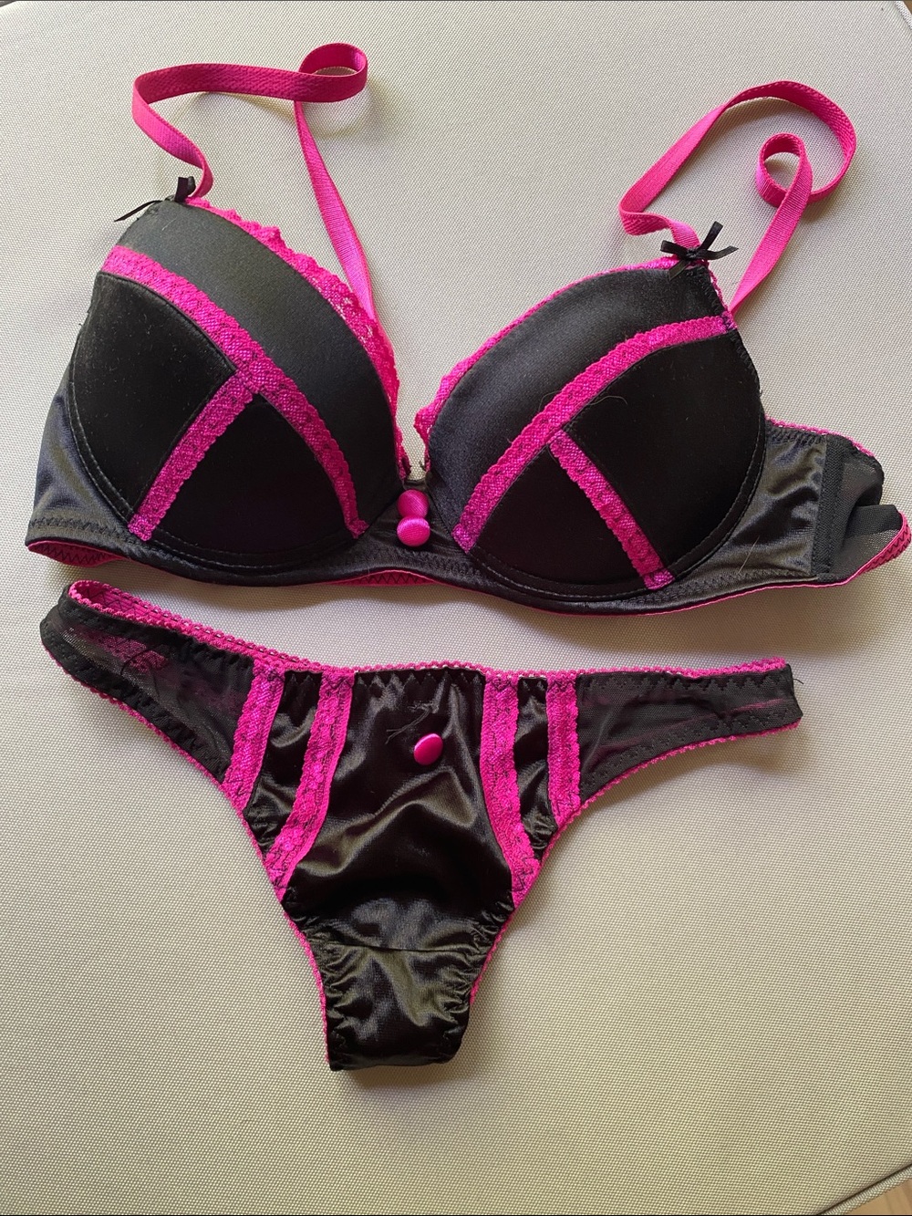 Native Intimates Black and Hot Pink Satin Lace Bra & Thong Set